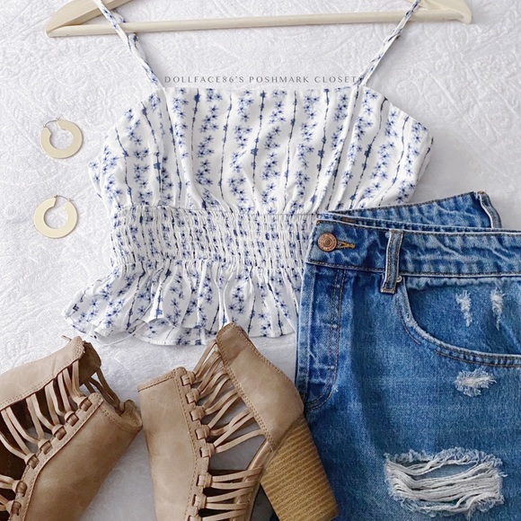 Blue + White Floral Print Smocked Waist Cropped Camisole - Picture 2 of 9